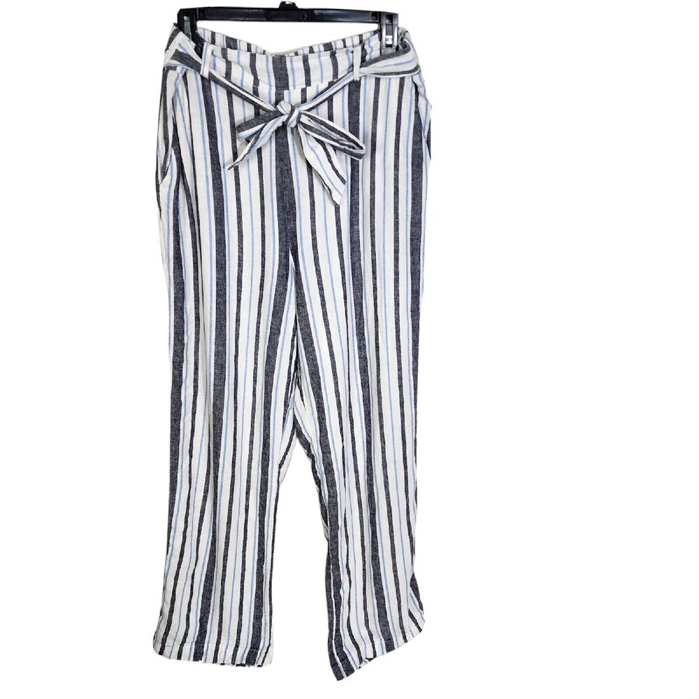 Land N Sea Womens Pants Large Linen Blend Pull On Drawstring Blue Striped Wide